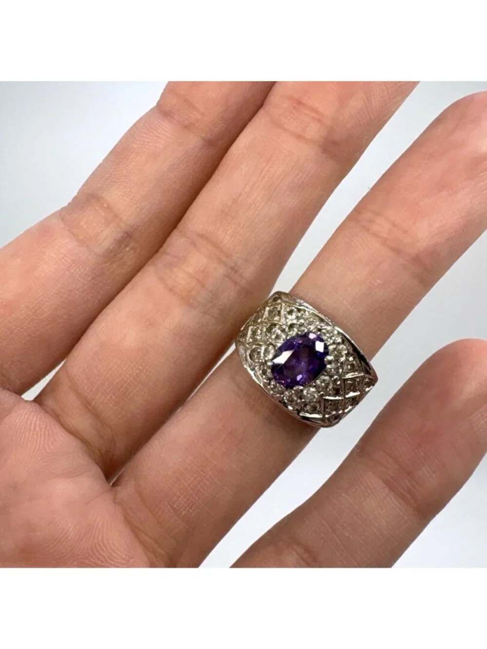 Amethyst Cubic Zirconia Tapered Band Sterling Silver 925 Ring Size 5.75